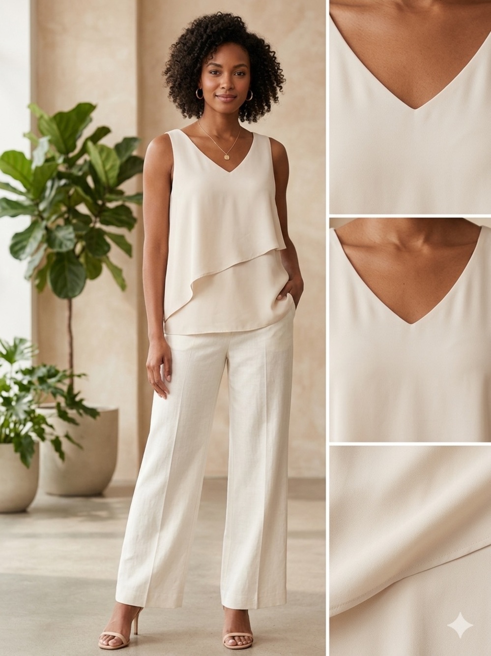 ✨ Suzy Shier Buttercream Quiet Luxury Asymmetrical Tank M EUC ✨